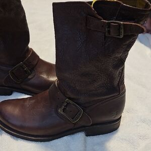 Frye Dark Brown Leather Mid-Calf Buckle Moto Boots